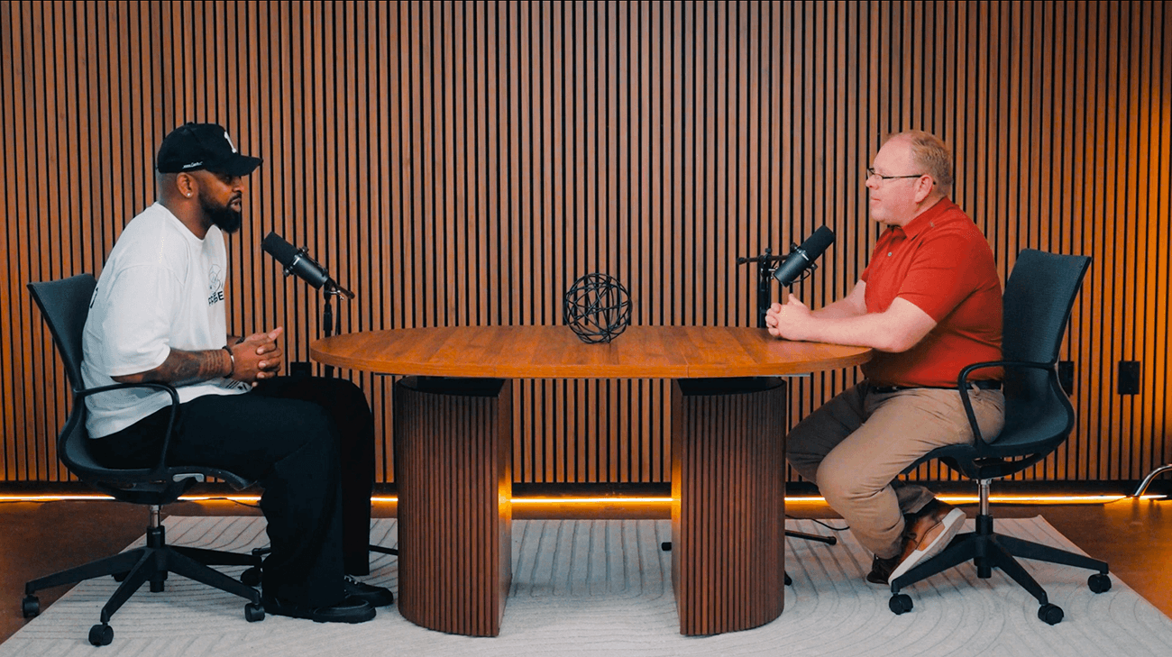 Podcaster, Kendall Schoenrock and his guest filming an episode of Hidden Foundations podcast at The Set Philly in Pennovation Center.