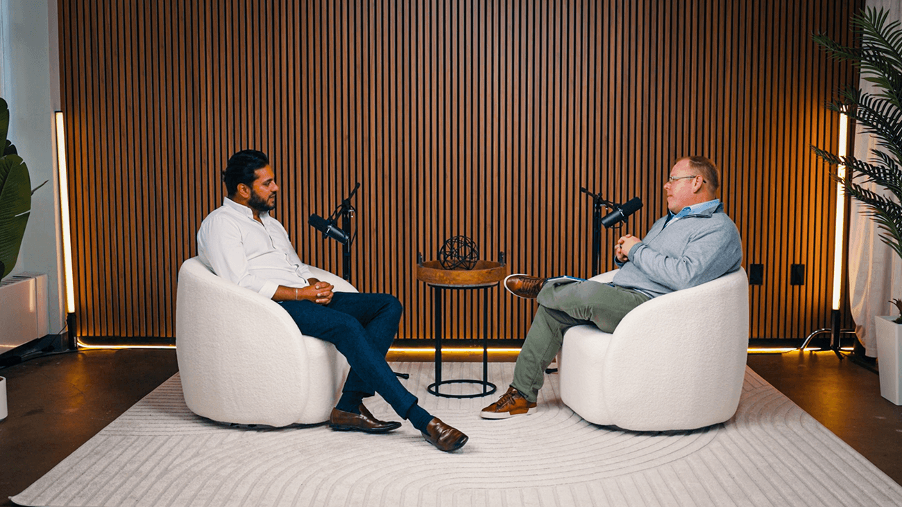 Podcaster, Kendall Schoenrock and his guest, Momin Sheikh filming an episode of Hidden Foundations podcast at The Set Philly in Philadelphia, PA.